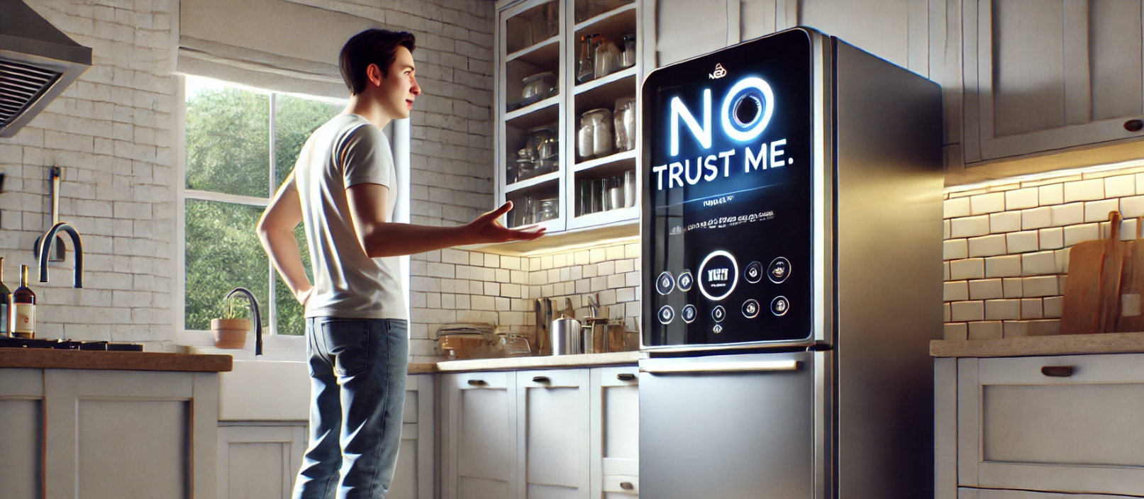 Smart fridge with sad emoji